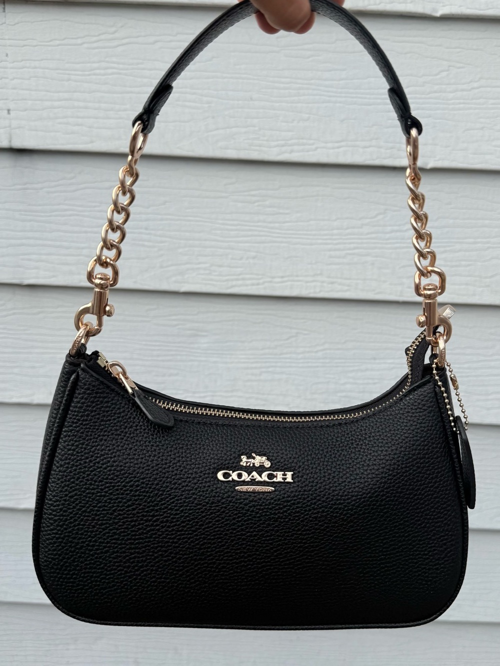 Coach Black Teri Pebbled Leather Shoulder Bag with Gold Chain Strap